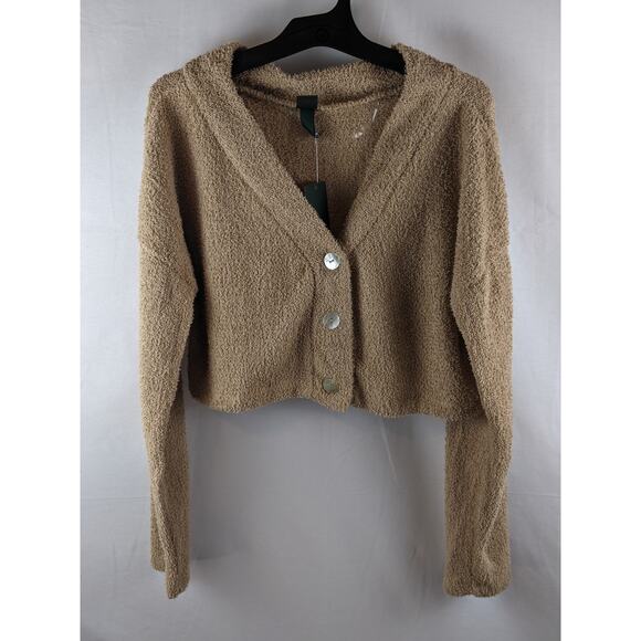 Cropped Cozy Cardigan Wild Fable Taupe L Brown Lightweight Fuzzy VNeck Button Up - Picture 1 of 11